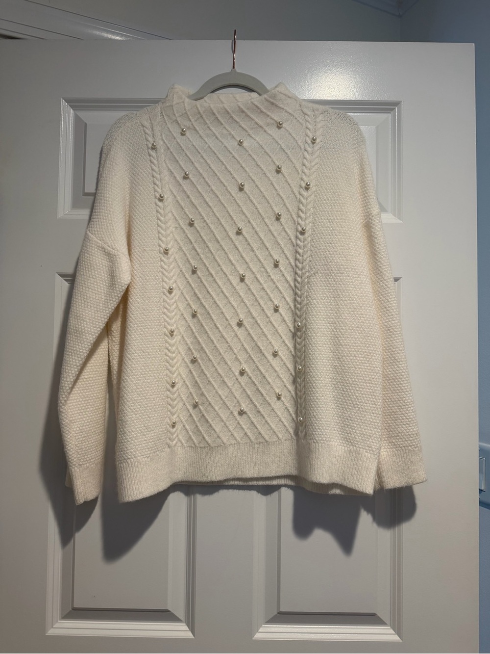 Ann Taylor Cream Pearl-Accent Cable Turtleneck Sweater